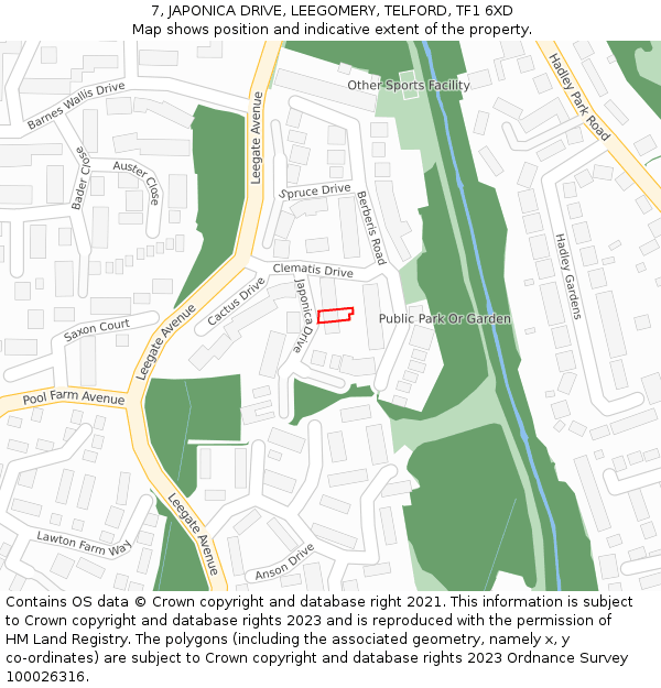 7, JAPONICA DRIVE, LEEGOMERY, TELFORD, TF1 6XD: Location map and indicative extent of plot