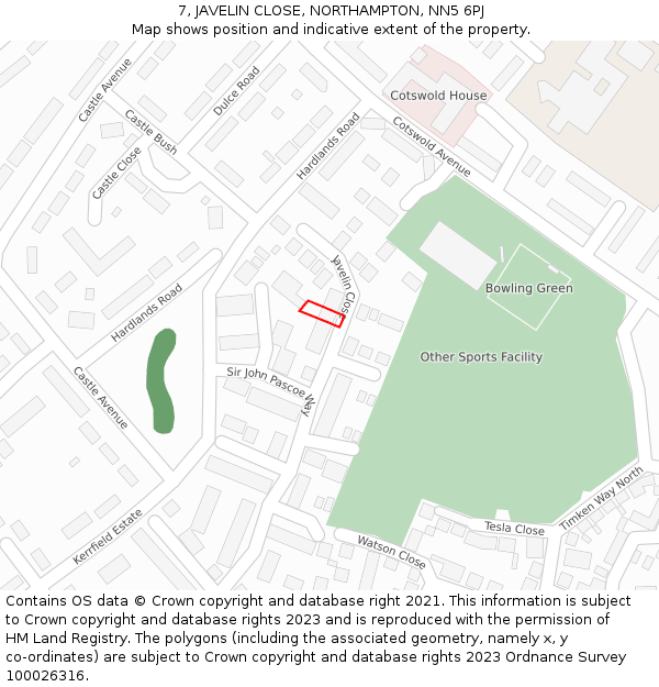 7, JAVELIN CLOSE, NORTHAMPTON, NN5 6PJ: Location map and indicative extent of plot