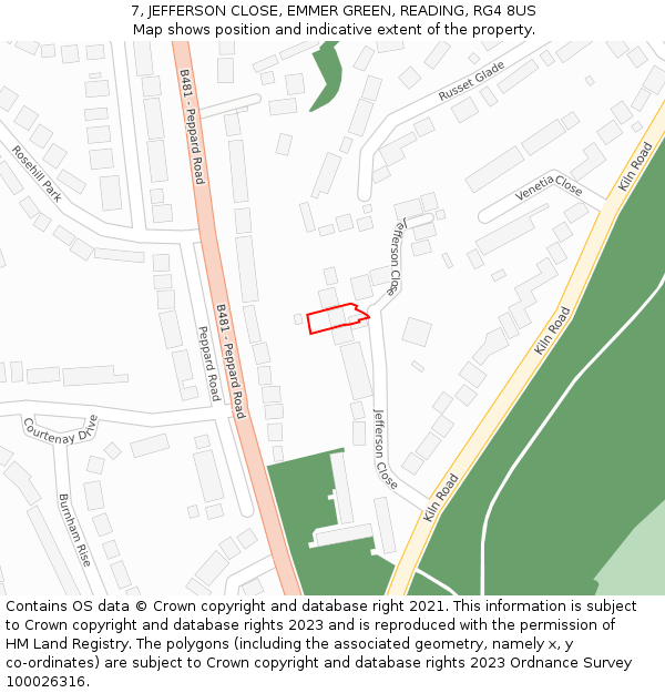 7, JEFFERSON CLOSE, EMMER GREEN, READING, RG4 8US: Location map and indicative extent of plot