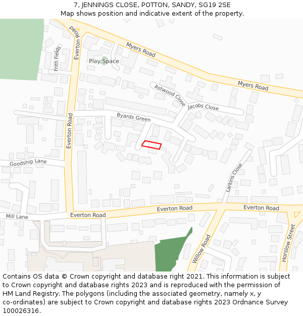 7, JENNINGS CLOSE, POTTON, SANDY, SG19 2SE: Location map and indicative extent of plot