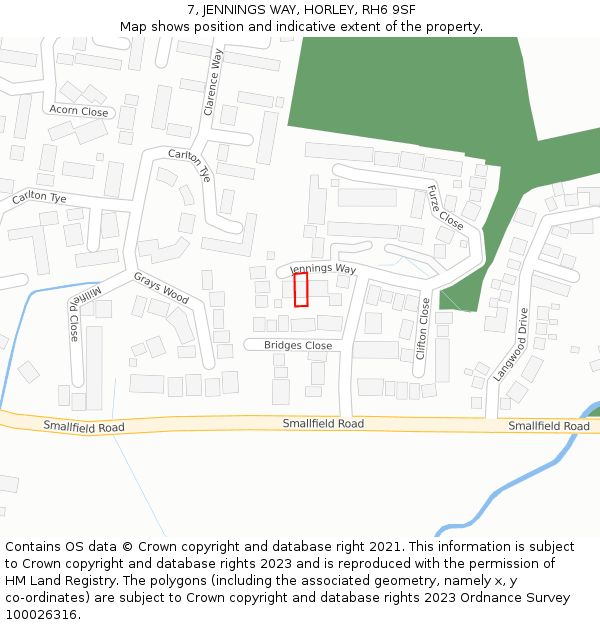 7, JENNINGS WAY, HORLEY, RH6 9SF: Location map and indicative extent of plot