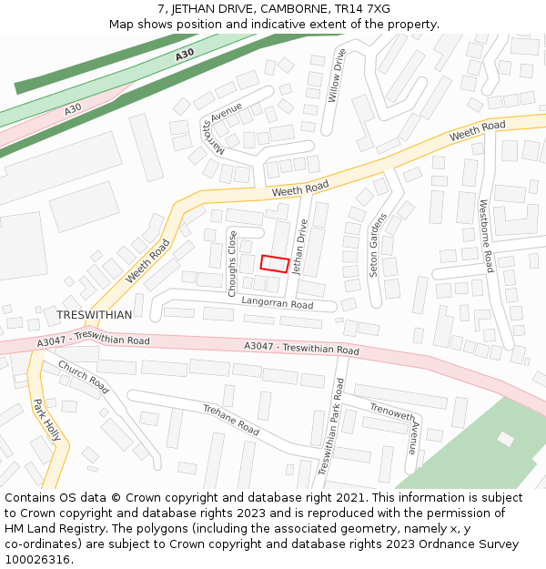 7, JETHAN DRIVE, CAMBORNE, TR14 7XG: Location map and indicative extent of plot