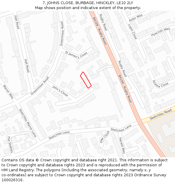 7, JOHNS CLOSE, BURBAGE, HINCKLEY, LE10 2LY: Location map and indicative extent of plot