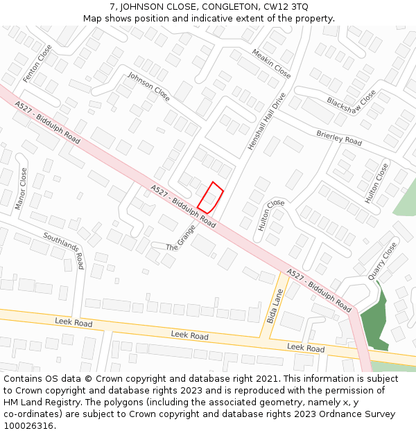 7, JOHNSON CLOSE, CONGLETON, CW12 3TQ: Location map and indicative extent of plot