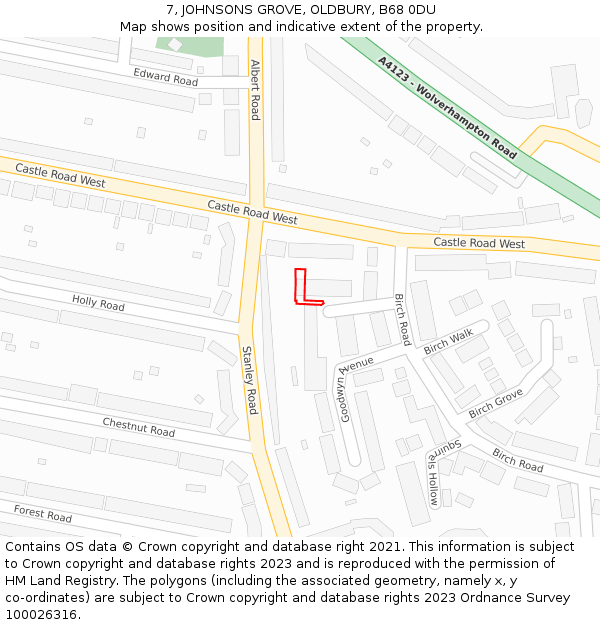 7, JOHNSONS GROVE, OLDBURY, B68 0DU: Location map and indicative extent of plot