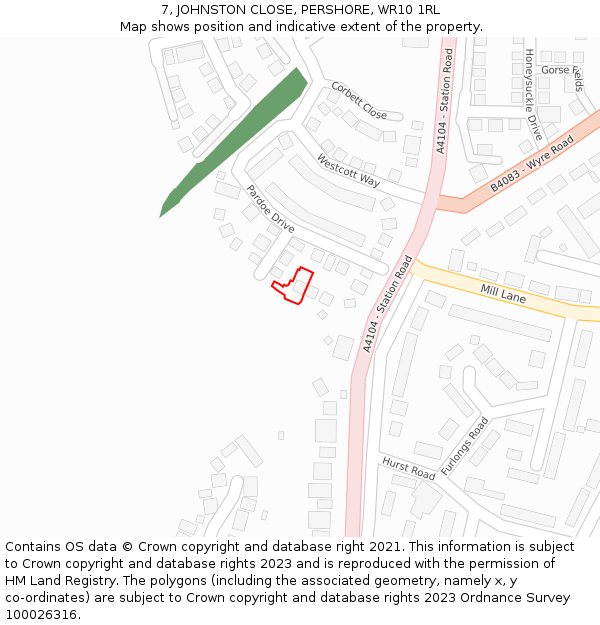7, JOHNSTON CLOSE, PERSHORE, WR10 1RL: Location map and indicative extent of plot