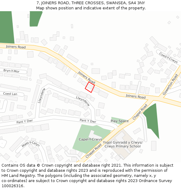 7, JOINERS ROAD, THREE CROSSES, SWANSEA, SA4 3NY: Location map and indicative extent of plot