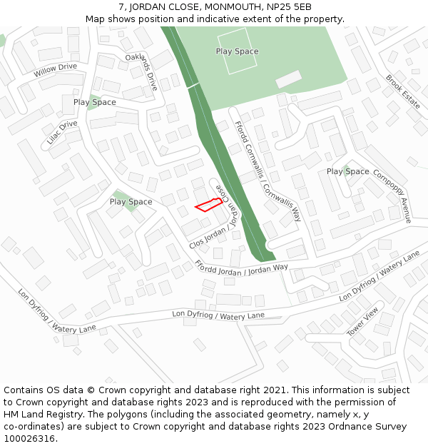 7, JORDAN CLOSE, MONMOUTH, NP25 5EB: Location map and indicative extent of plot