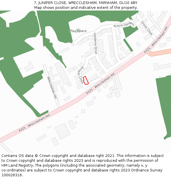 7, JUNIPER CLOSE, WRECCLESHAM, FARNHAM, GU10 4BY: Location map and indicative extent of plot