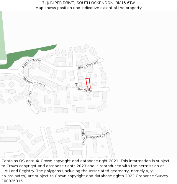 7, JUNIPER DRIVE, SOUTH OCKENDON, RM15 6TW: Location map and indicative extent of plot