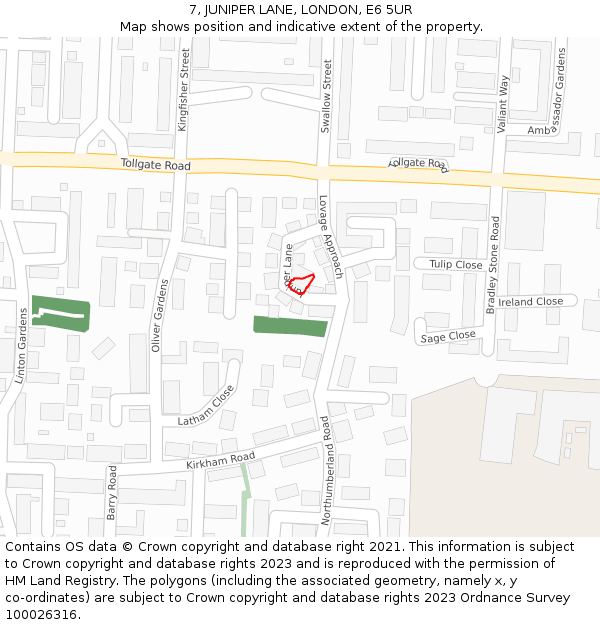 7, JUNIPER LANE, LONDON, E6 5UR: Location map and indicative extent of plot