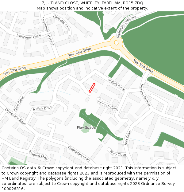 7, JUTLAND CLOSE, WHITELEY, FAREHAM, PO15 7DQ: Location map and indicative extent of plot