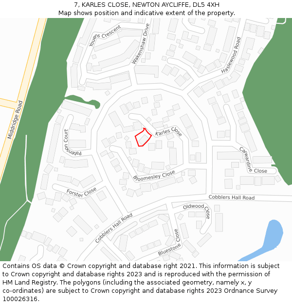 7, KARLES CLOSE, NEWTON AYCLIFFE, DL5 4XH: Location map and indicative extent of plot