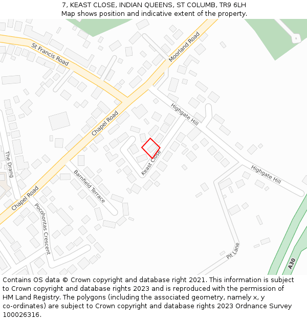 7, KEAST CLOSE, INDIAN QUEENS, ST COLUMB, TR9 6LH: Location map and indicative extent of plot