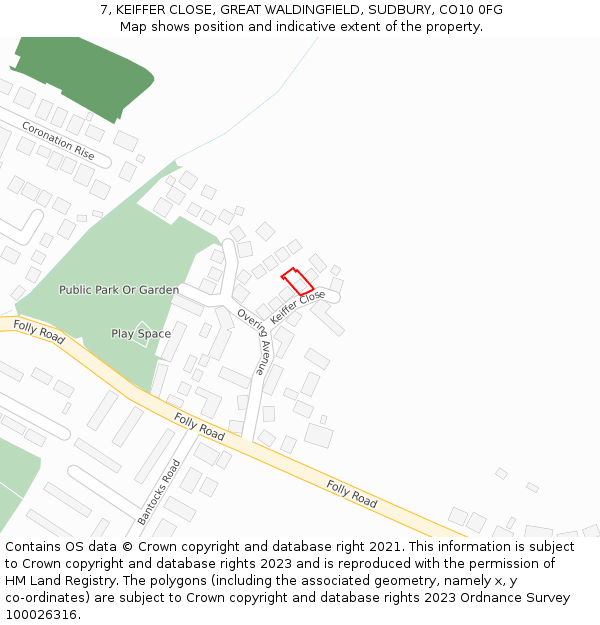 7, KEIFFER CLOSE, GREAT WALDINGFIELD, SUDBURY, CO10 0FG: Location map and indicative extent of plot