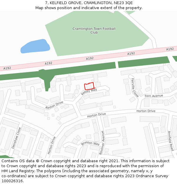 7, KELFIELD GROVE, CRAMLINGTON, NE23 3QE: Location map and indicative extent of plot