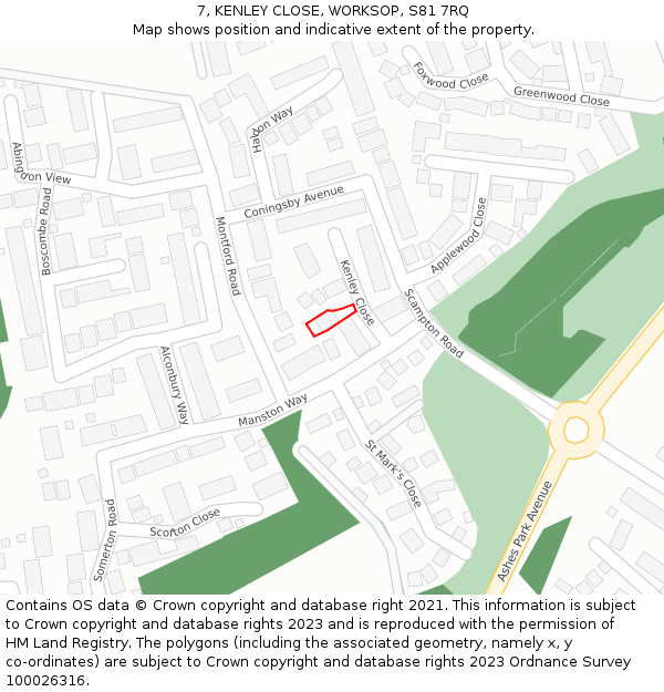 7, KENLEY CLOSE, WORKSOP, S81 7RQ: Location map and indicative extent of plot