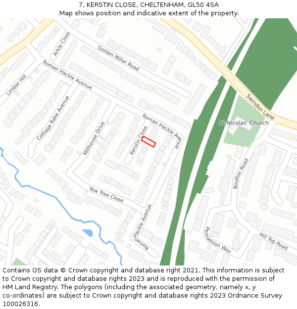 7, KERSTIN CLOSE, CHELTENHAM, GL50 4SA: Location map and indicative extent of plot