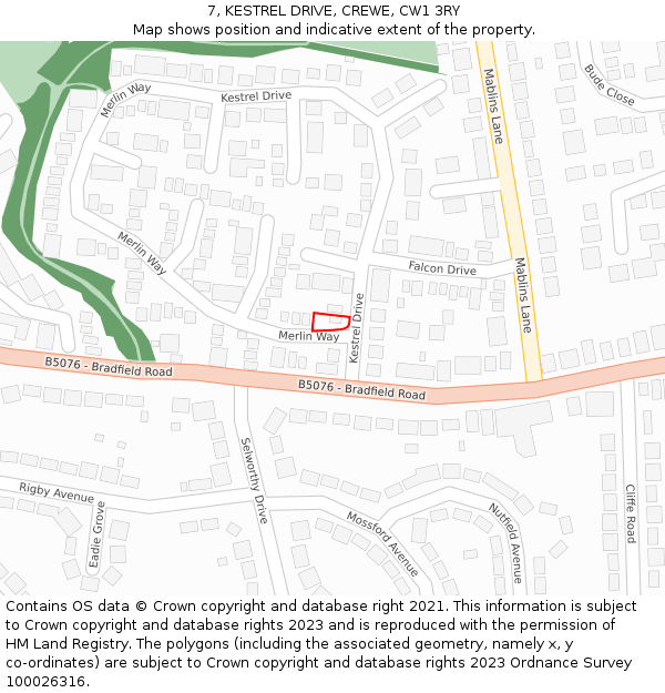 7, KESTREL DRIVE, CREWE, CW1 3RY: Location map and indicative extent of plot