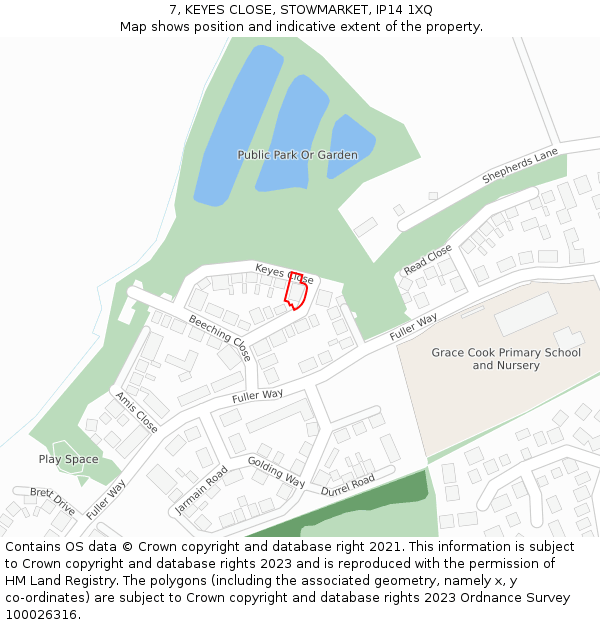 7, KEYES CLOSE, STOWMARKET, IP14 1XQ: Location map and indicative extent of plot