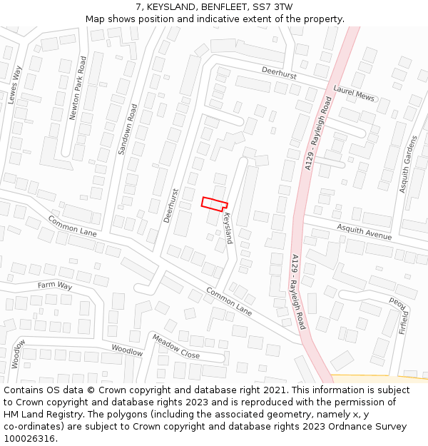 7, KEYSLAND, BENFLEET, SS7 3TW: Location map and indicative extent of plot