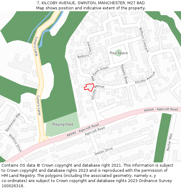 7, KILCOBY AVENUE, SWINTON, MANCHESTER, M27 8AD: Location map and indicative extent of plot