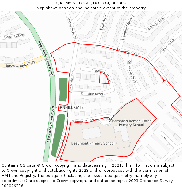 7, KILMAINE DRIVE, BOLTON, BL3 4RU: Location map and indicative extent of plot