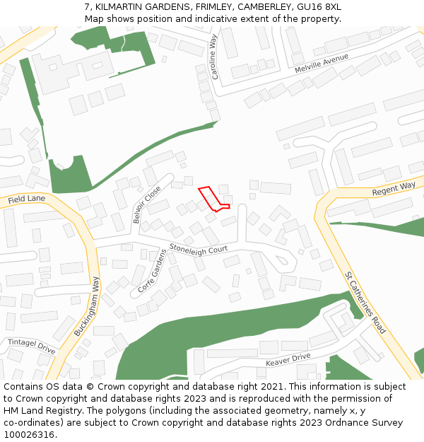 7, KILMARTIN GARDENS, FRIMLEY, CAMBERLEY, GU16 8XL: Location map and indicative extent of plot