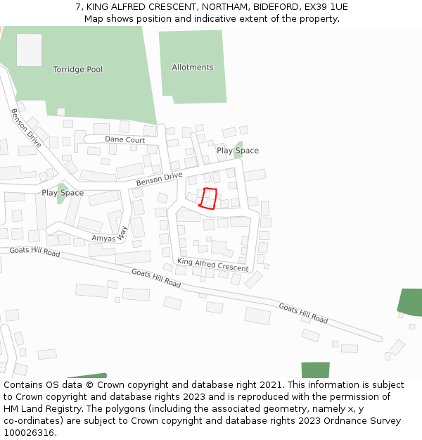 7, KING ALFRED CRESCENT, NORTHAM, BIDEFORD, EX39 1UE: Location map and indicative extent of plot