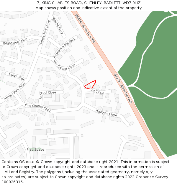 7, KING CHARLES ROAD, SHENLEY, RADLETT, WD7 9HZ: Location map and indicative extent of plot