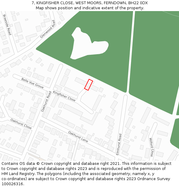 7, KINGFISHER CLOSE, WEST MOORS, FERNDOWN, BH22 0DX: Location map and indicative extent of plot