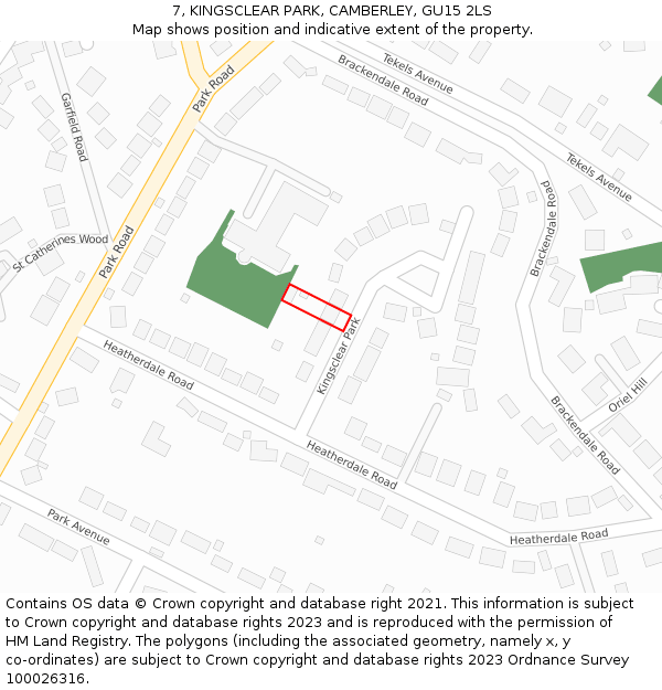 7, KINGSCLEAR PARK, CAMBERLEY, GU15 2LS: Location map and indicative extent of plot