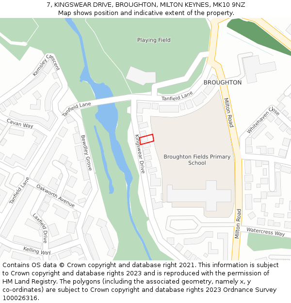 7, KINGSWEAR DRIVE, BROUGHTON, MILTON KEYNES, MK10 9NZ: Location map and indicative extent of plot