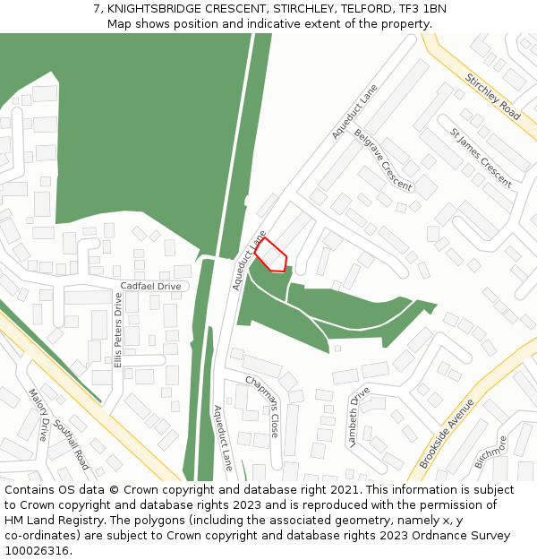 7, KNIGHTSBRIDGE CRESCENT, STIRCHLEY, TELFORD, TF3 1BN: Location map and indicative extent of plot
