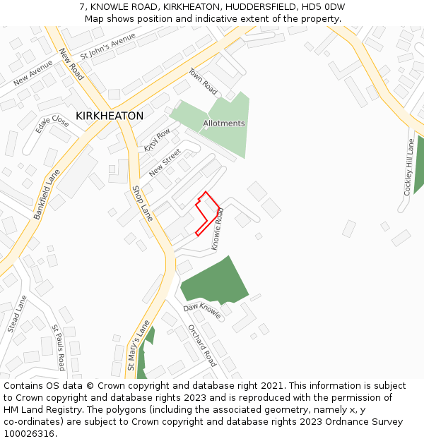 7, KNOWLE ROAD, KIRKHEATON, HUDDERSFIELD, HD5 0DW: Location map and indicative extent of plot