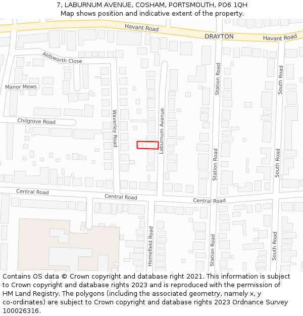 7, LABURNUM AVENUE, COSHAM, PORTSMOUTH, PO6 1QH: Location map and indicative extent of plot