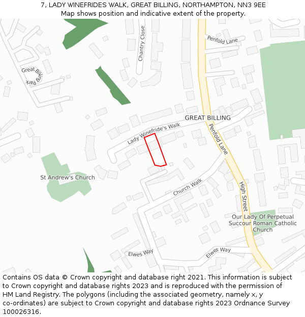 7, LADY WINEFRIDES WALK, GREAT BILLING, NORTHAMPTON, NN3 9EE: Location map and indicative extent of plot