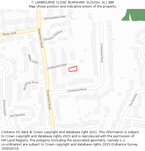 7, LAMBOURNE CLOSE, BURNHAM, SLOUGH, SL1 8BF: Location map and indicative extent of plot