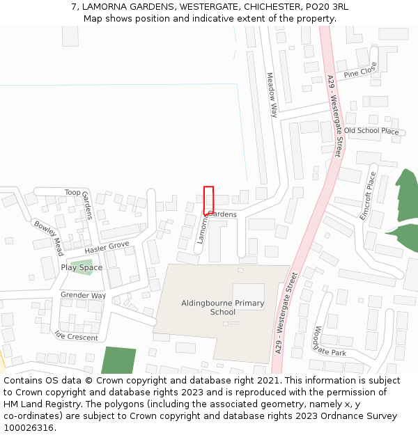 7, LAMORNA GARDENS, WESTERGATE, CHICHESTER, PO20 3RL: Location map and indicative extent of plot