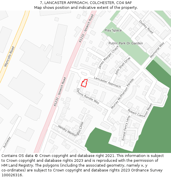 7, LANCASTER APPROACH, COLCHESTER, CO4 9AF: Location map and indicative extent of plot