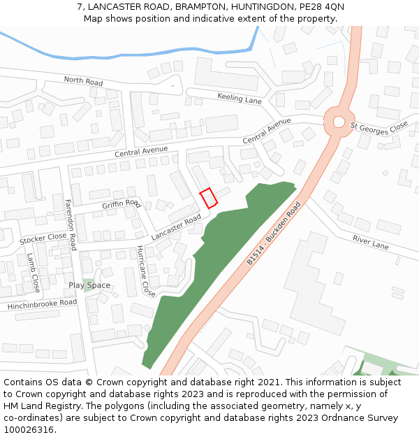 7, LANCASTER ROAD, BRAMPTON, HUNTINGDON, PE28 4QN: Location map and indicative extent of plot