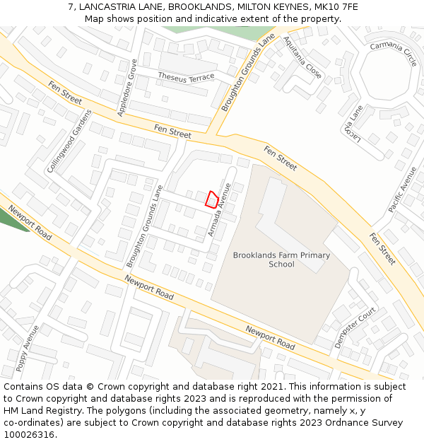 7, LANCASTRIA LANE, BROOKLANDS, MILTON KEYNES, MK10 7FE: Location map and indicative extent of plot