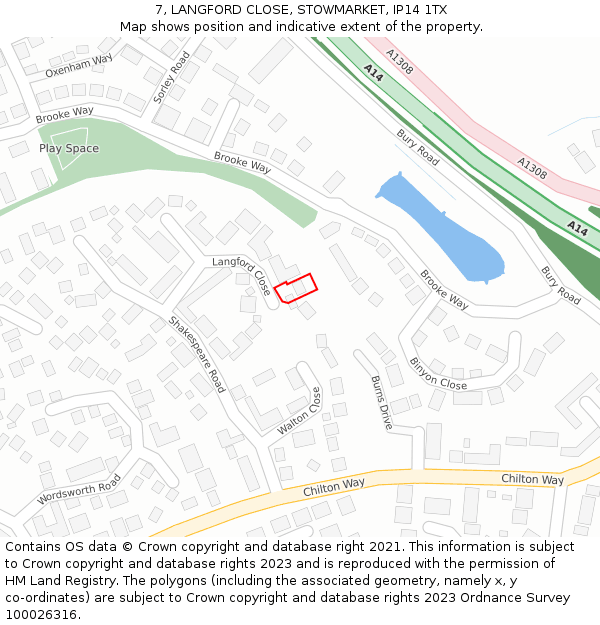 7, LANGFORD CLOSE, STOWMARKET, IP14 1TX: Location map and indicative extent of plot