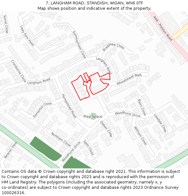 7, LANGHAM ROAD, STANDISH, WIGAN, WN6 0TF: Location map and indicative extent of plot