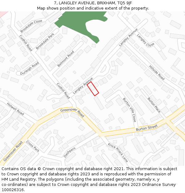 7, LANGLEY AVENUE, BRIXHAM, TQ5 9JF: Location map and indicative extent of plot