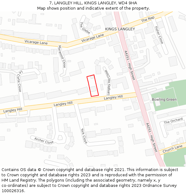 7, LANGLEY HILL, KINGS LANGLEY, WD4 9HA: Location map and indicative extent of plot