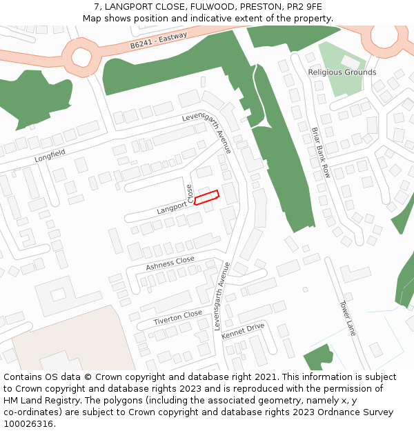 7, LANGPORT CLOSE, FULWOOD, PRESTON, PR2 9FE: Location map and indicative extent of plot