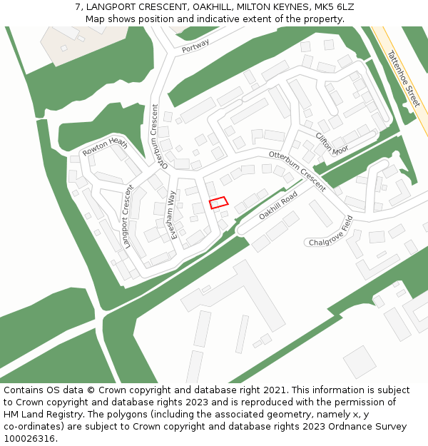 7, LANGPORT CRESCENT, OAKHILL, MILTON KEYNES, MK5 6LZ: Location map and indicative extent of plot