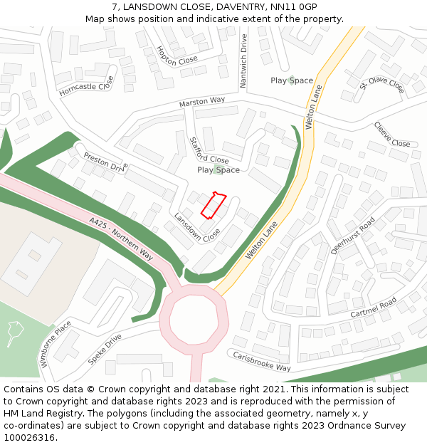 7, LANSDOWN CLOSE, DAVENTRY, NN11 0GP: Location map and indicative extent of plot