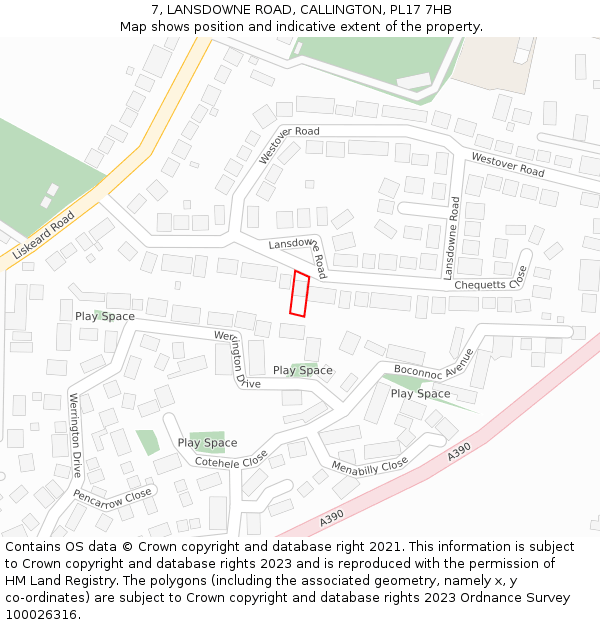 7, LANSDOWNE ROAD, CALLINGTON, PL17 7HB: Location map and indicative extent of plot